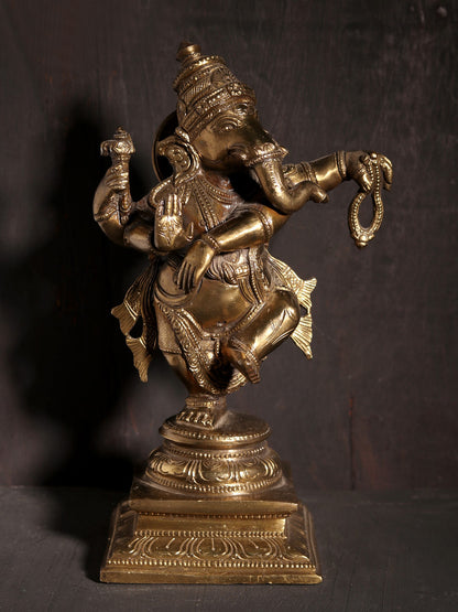 9" Four Armed Dancing Lord Ganesha | Hoysala Art | Bronze Statue