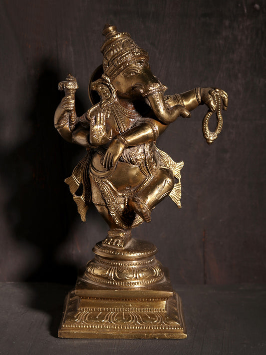 9" Four Armed Dancing Lord Ganesha | Hoysala Art | Bronze Statue