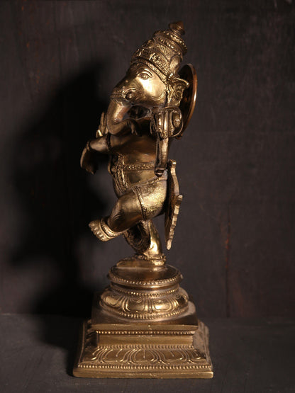 9" Four Armed Dancing Lord Ganesha | Hoysala Art | Bronze Statue