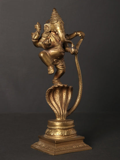 9" Lord Ganesha Idol Dancing on Five-Hooded Serpent | Hoysala Art Bronze Statue