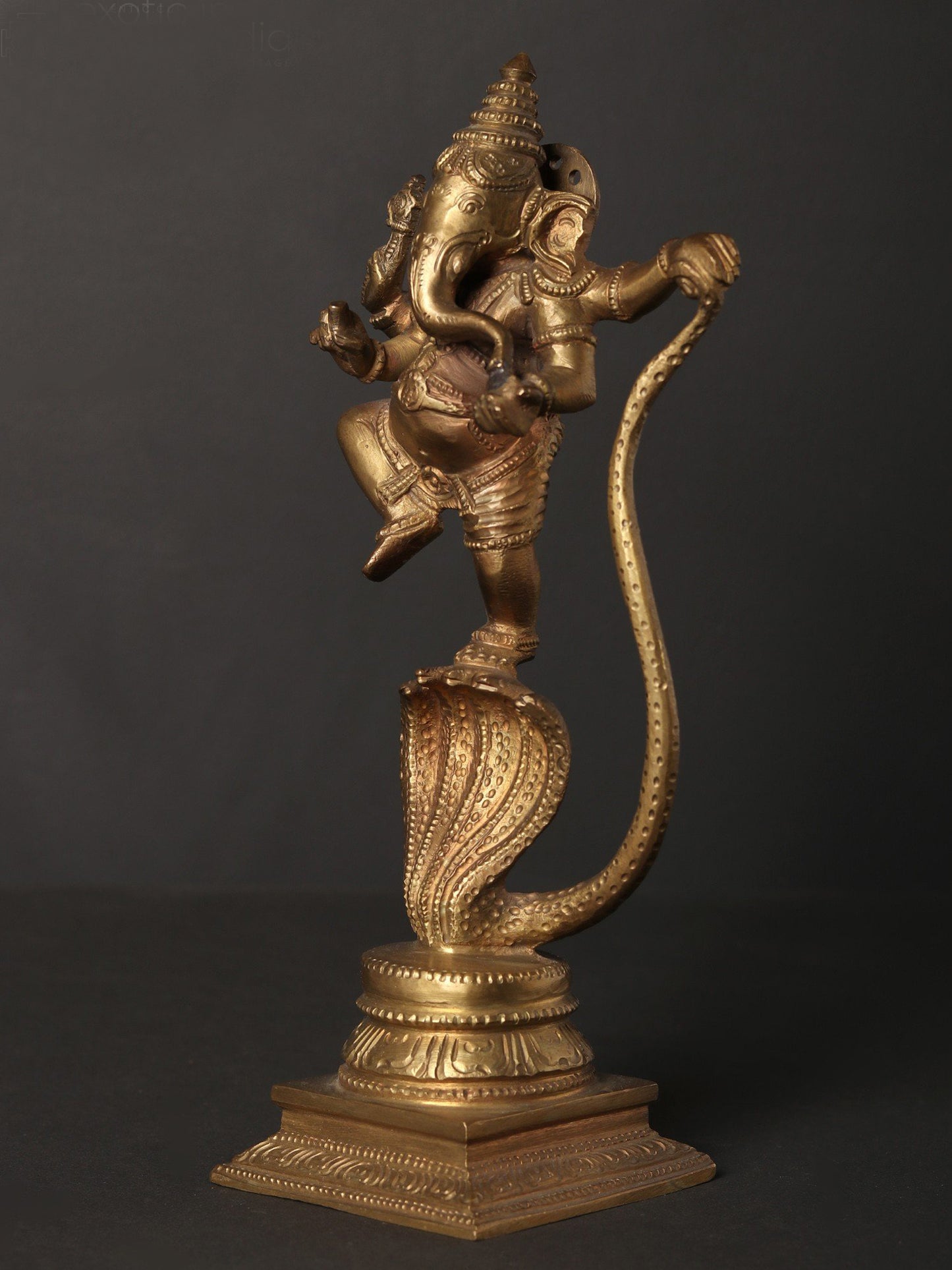 9" Lord Ganesha Idol Dancing on Five-Hooded Serpent | Hoysala Art Bronze Statue