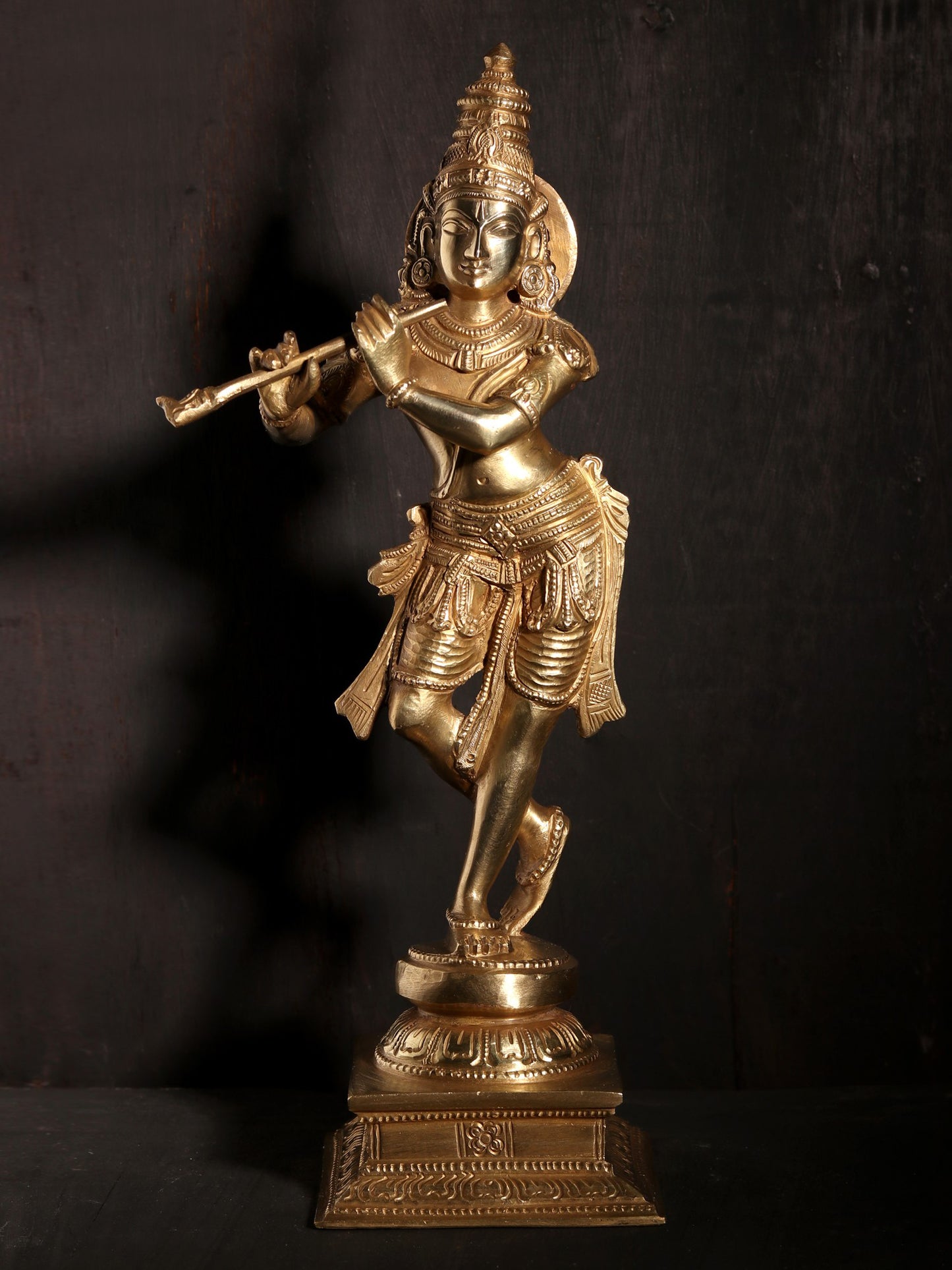 11" Standing Lord Krishna Bronze Statue Playing Flute | Hoysala Art Bronze Statue