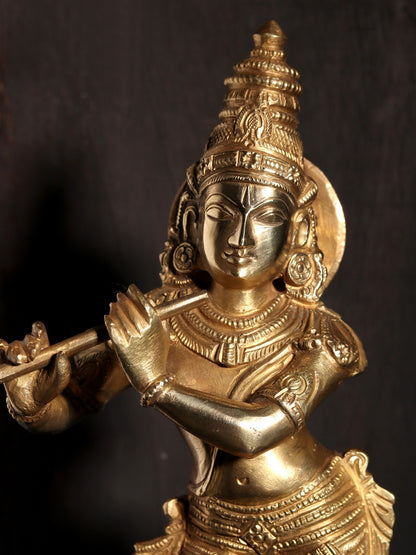 11" Standing Lord Krishna Bronze Statue Playing Flute | Hoysala Art Bronze Statue