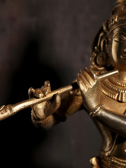 11" Standing Lord Krishna Bronze Statue Playing Flute | Hoysala Art Bronze Statue