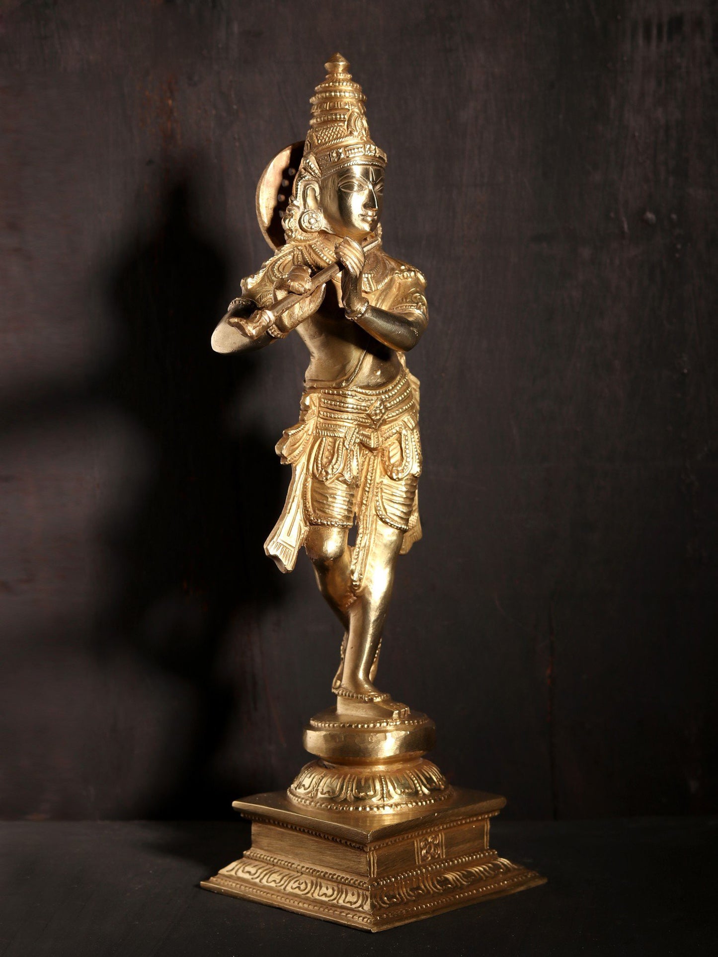 11" Standing Lord Krishna Bronze Statue Playing Flute | Hoysala Art Bronze Statue