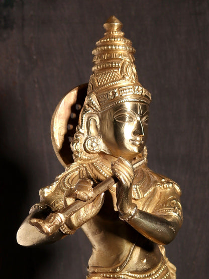 11" Standing Lord Krishna Bronze Statue Playing Flute | Hoysala Art Bronze Statue