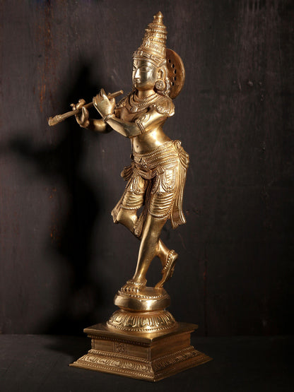 11" Standing Lord Krishna Bronze Statue Playing Flute | Hoysala Art Bronze Statue