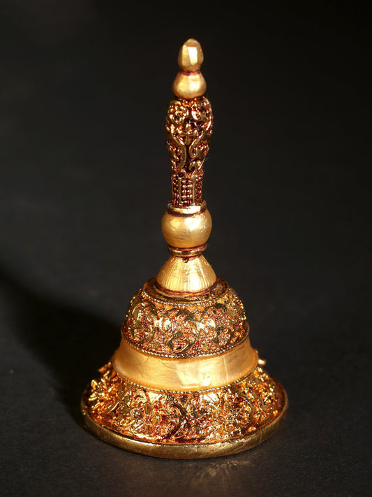 3" Designer Handheld Pooja Bell | 24 Karat Gold Coated Copper | Handmade Bell For Gifting