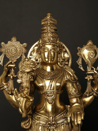 26" Four Armed Standing Lord Vishnu With Vaishnava Chakra | Hoysala Art Bronze Statue