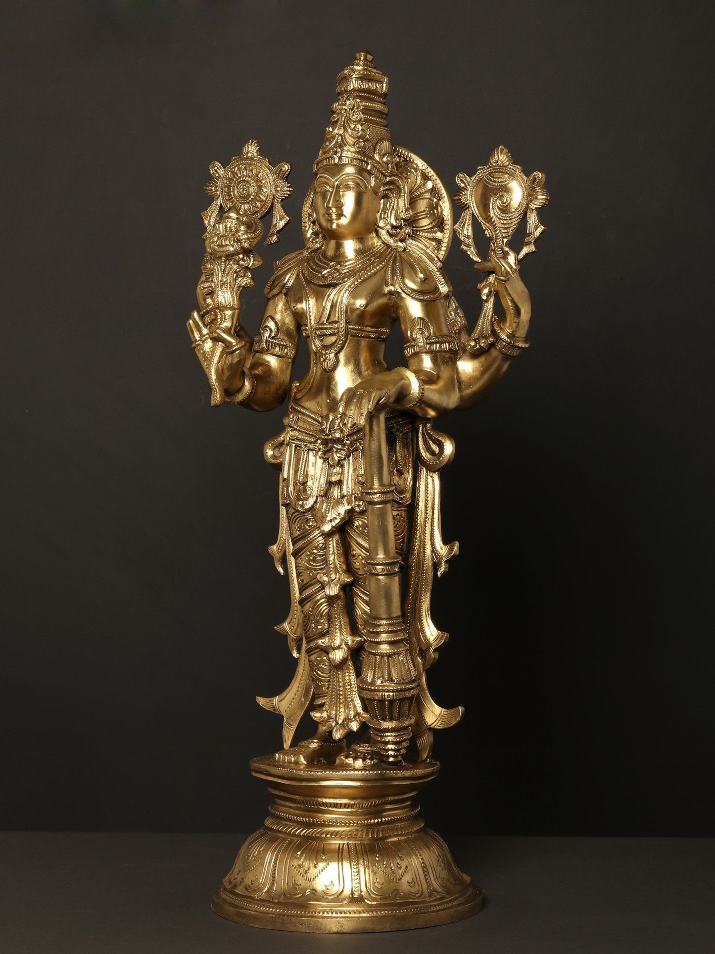 26" Four Armed Standing Lord Vishnu With Vaishnava Chakra | Hoysala Art Bronze Statue