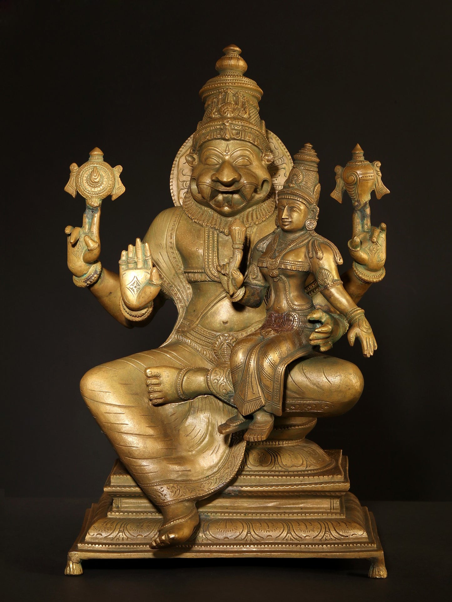 19" Lord Narasimha With Devi Lakshmi | Hoysala Bronze with Vintage Finish | Bronze Statue