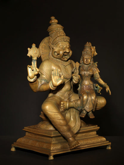 19" Lord Narasimha With Devi Lakshmi | Hoysala Bronze with Vintage Finish | Bronze Statue