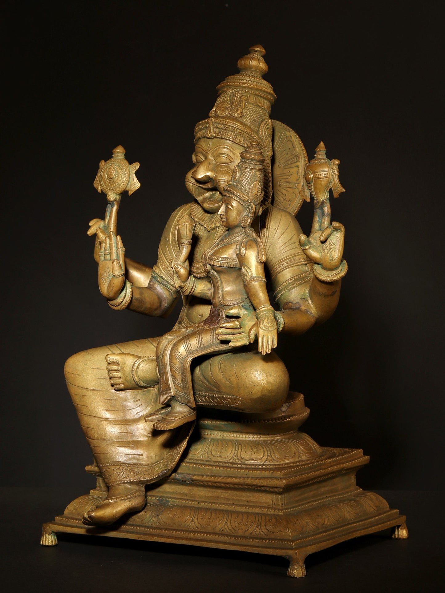 19" Lord Narasimha With Devi Lakshmi | Hoysala Bronze with Vintage Finish | Bronze Statue