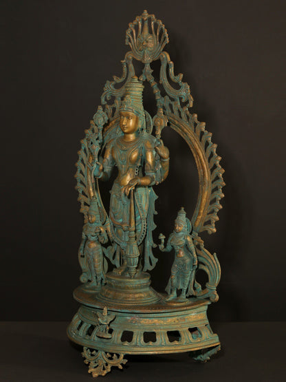 33" Large Standing Lord Vishnu Idol With Sridevi And Bhudevi | Bronze Statue