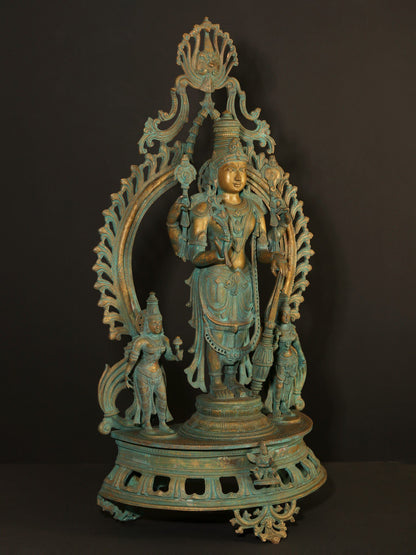 33" Large Standing Lord Vishnu Idol With Sridevi And Bhudevi | Bronze Statue