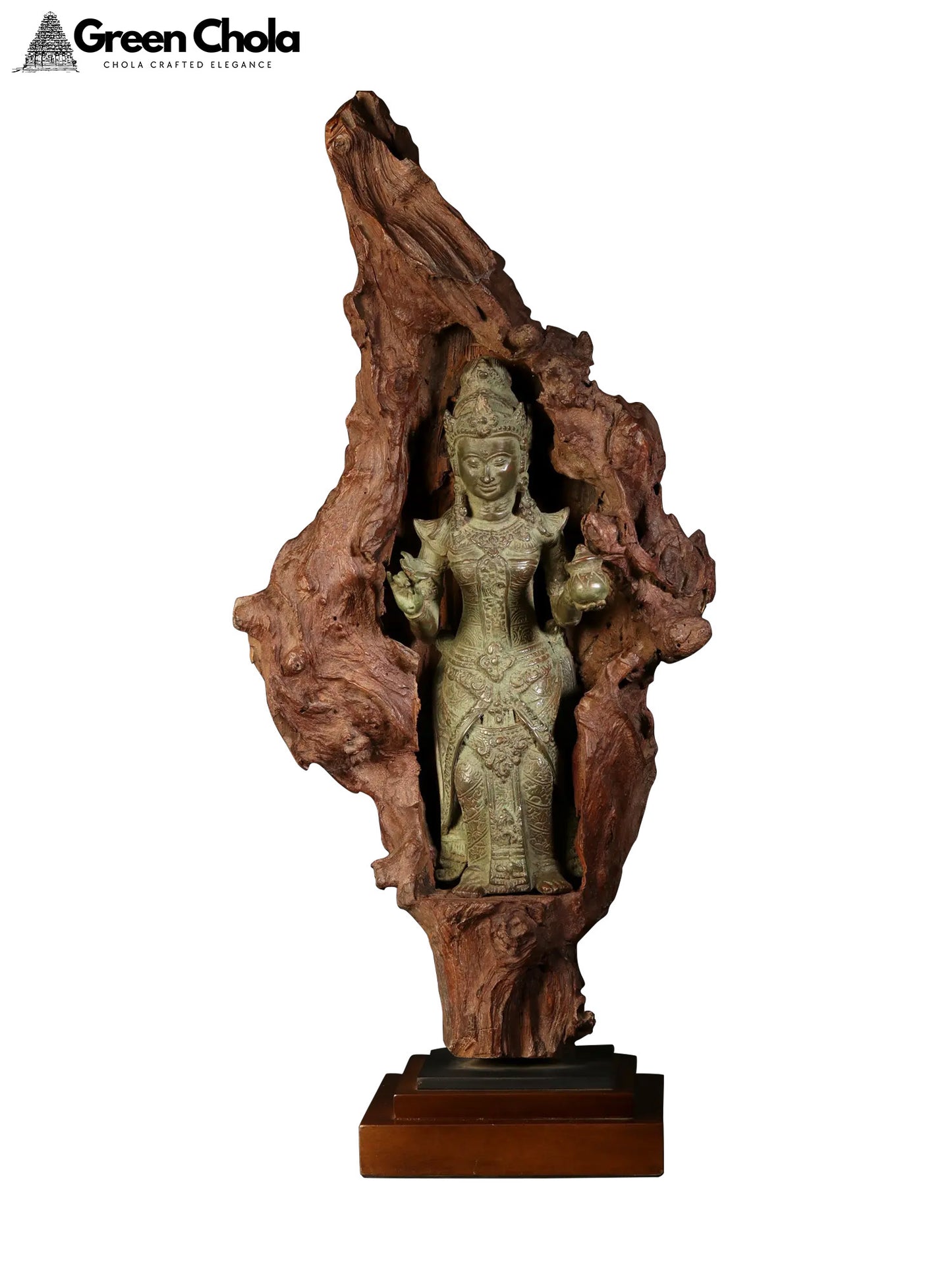 28-inch Large Tibetan Buddhist Goddess Guanyin Brass Statue on Wooden Base