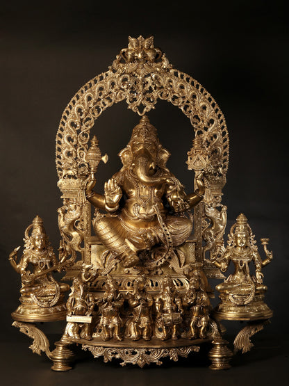 37" Bronze Idol of Superfine Siddhi Vinayak Ganesha with Devi Saraswati and Lakshmi | Bronze Statue