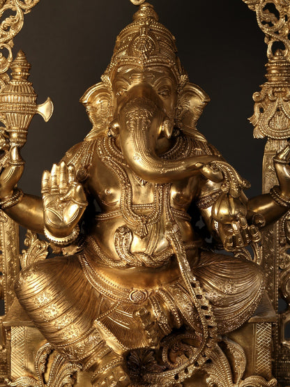 37" Bronze Idol of Superfine Siddhi Vinayak Ganesha with Devi Saraswati and Lakshmi | Bronze Statue