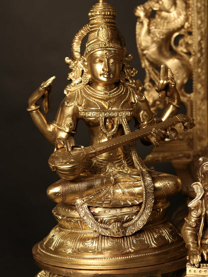 37" Bronze Idol of Superfine Siddhi Vinayak Ganesha with Devi Saraswati and Lakshmi | Bronze Statue