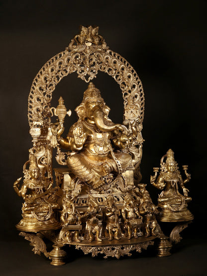 37" Bronze Idol of Superfine Siddhi Vinayak Ganesha with Devi Saraswati and Lakshmi | Bronze Statue