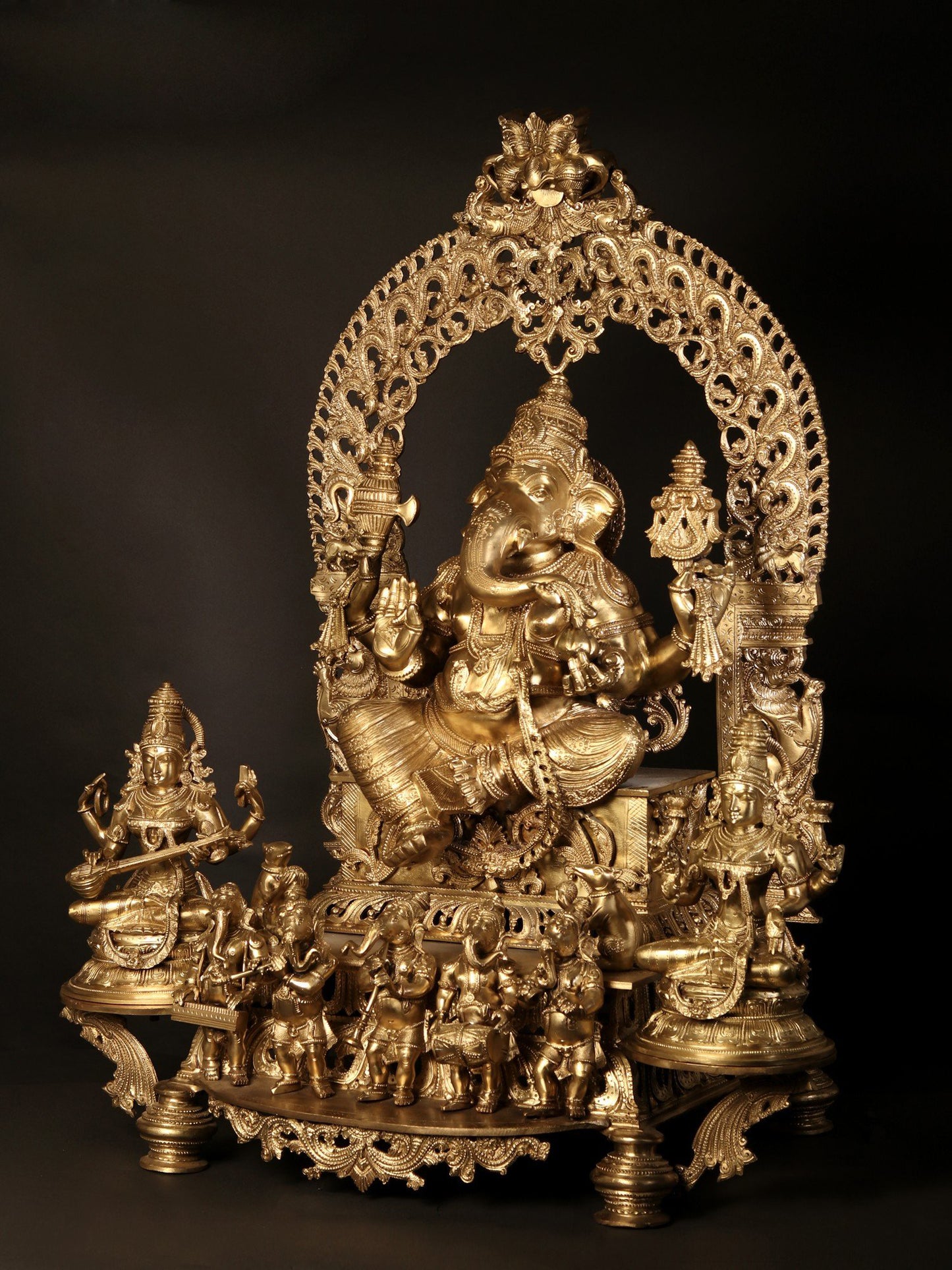 37" Bronze Idol of Superfine Siddhi Vinayak Ganesha with Devi Saraswati and Lakshmi | Bronze Statue