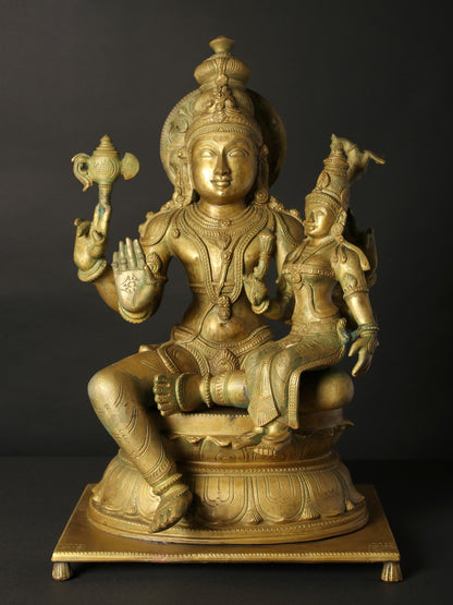 18" Seated Uma Maheshwara On Pedestal | Decorative Bronze Idol | Figurine For Gifting | Bronze Statue For Temple