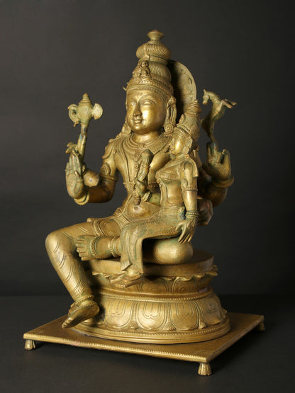 18" Seated Uma Maheshwara On Pedestal | Decorative Bronze Idol | Figurine For Gifting | Bronze Statue For Temple