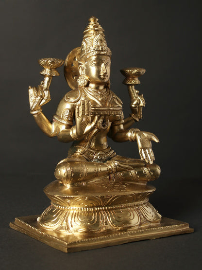 7" Bronze Idol Of Goddess Lakshmi On Lotus | Decorative Bronze Idol | Figurine For Gifting | Bronze Statue For Temple