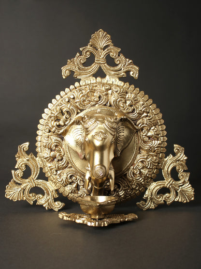 11" Lord Ganesha Face Wall Hanging in Bronze with Lamp | Ritual Pooja Lamp