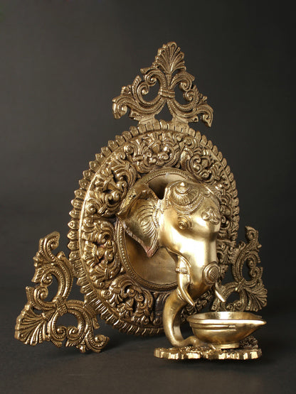 11" Lord Ganesha Face Wall Hanging in Bronze with Lamp | Ritual Pooja Lamp