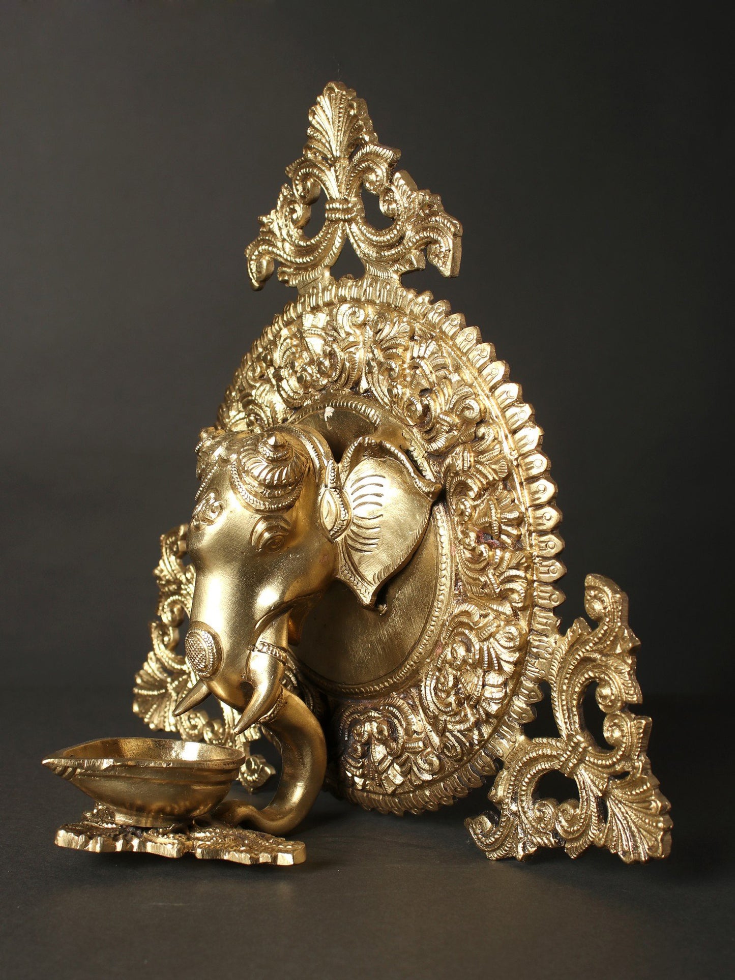 11" Lord Ganesha Face Wall Hanging in Bronze with Lamp | Ritual Pooja Lamp