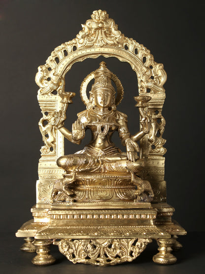 13" Four Armed Goddess Lakshmi Seated on Kirtimukha Throne | Hoysala Bronze Statue