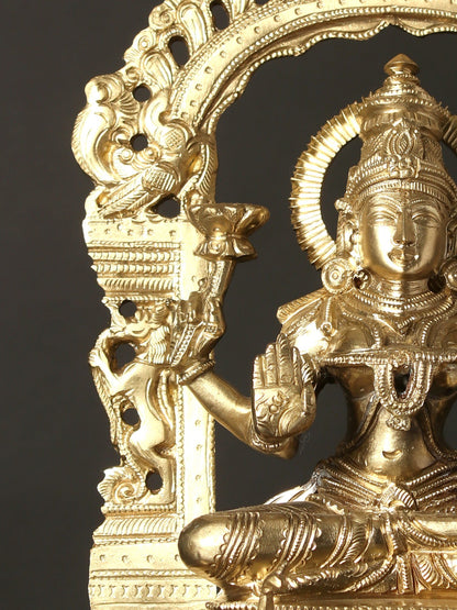 13" Four Armed Goddess Lakshmi Seated on Kirtimukha Throne | Hoysala Bronze Statue