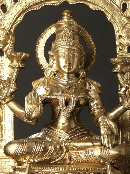 13" Four Armed Goddess Lakshmi Seated on Kirtimukha Throne | Hoysala Bronze Statue