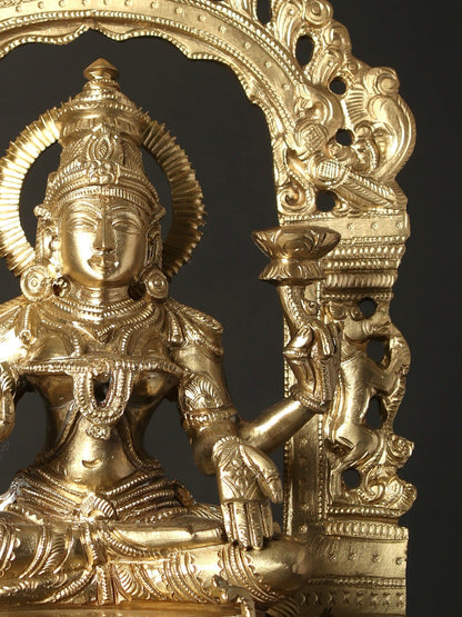 13" Four Armed Goddess Lakshmi Seated on Kirtimukha Throne | Hoysala Bronze Statue