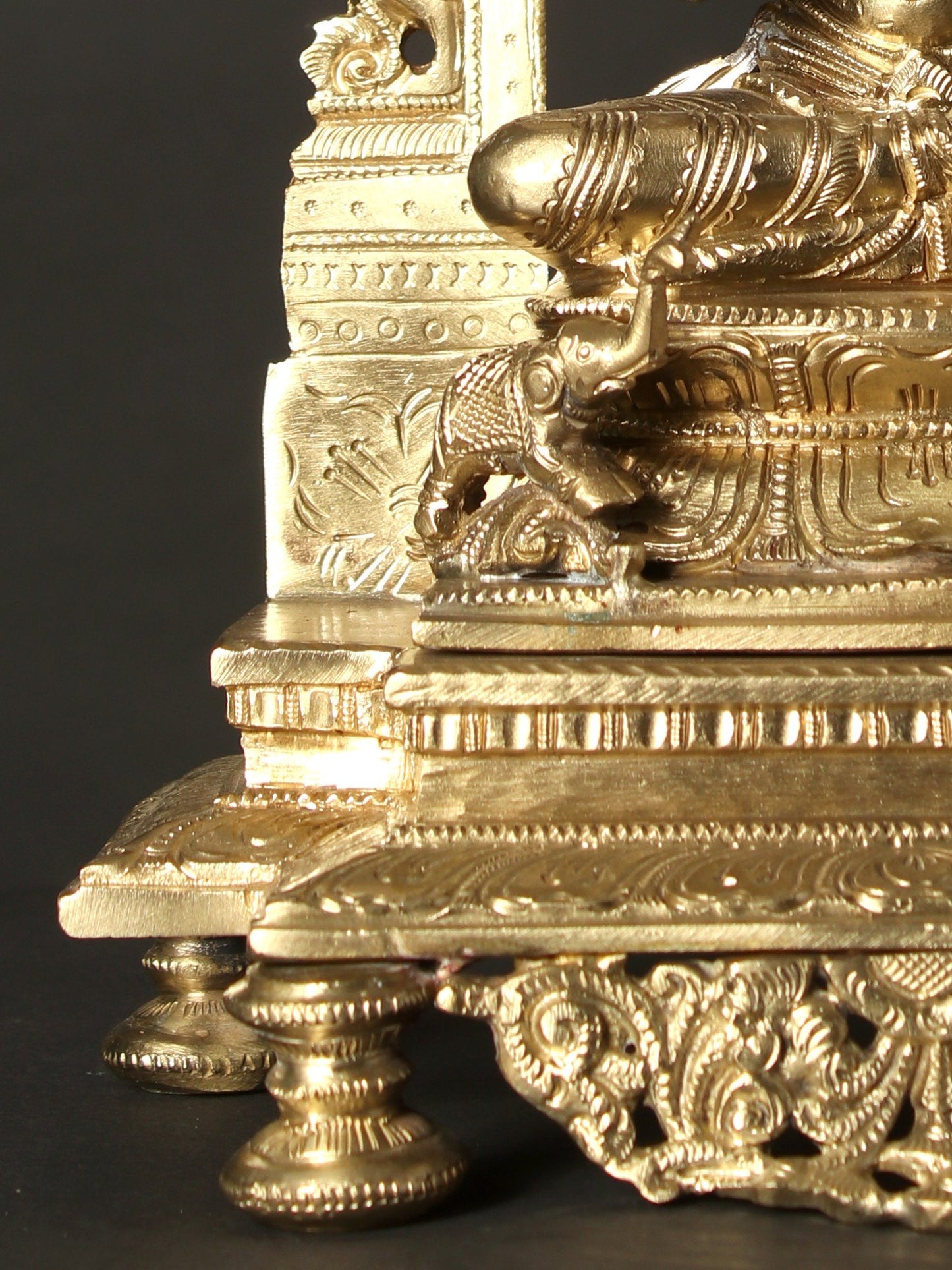 13" Four Armed Goddess Lakshmi Seated on Kirtimukha Throne | Hoysala Bronze Statue