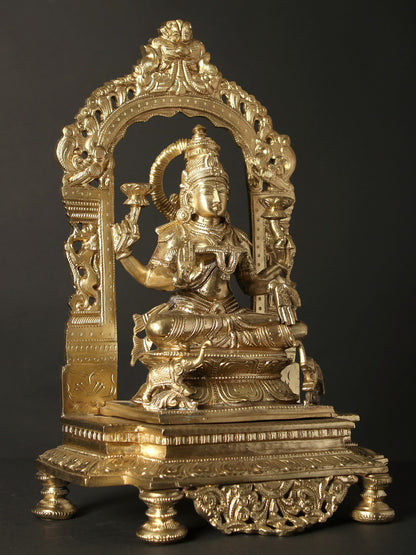 13" Four Armed Goddess Lakshmi Seated on Kirtimukha Throne | Hoysala Bronze Statue