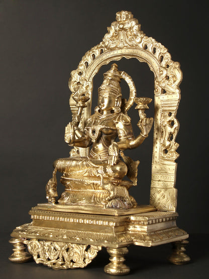 13" Four Armed Goddess Lakshmi Seated on Kirtimukha Throne | Hoysala Bronze Statue