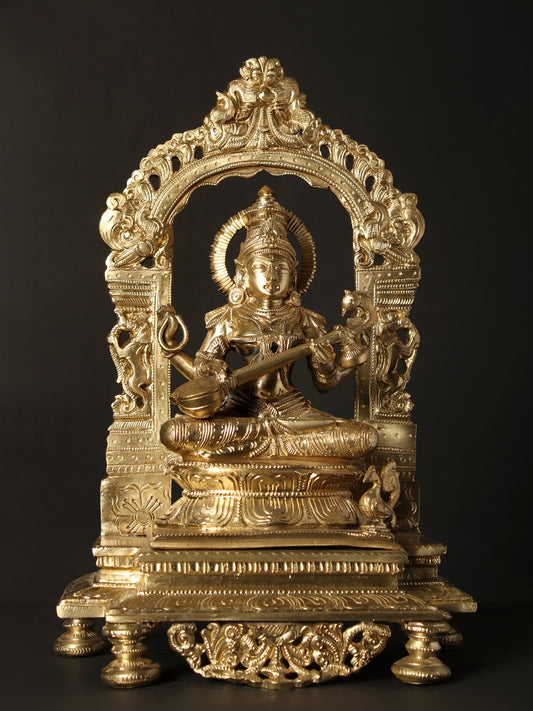 13" Devi Saraswati Seated On Kirtimukha Throne | Hoysala Bronze Statue