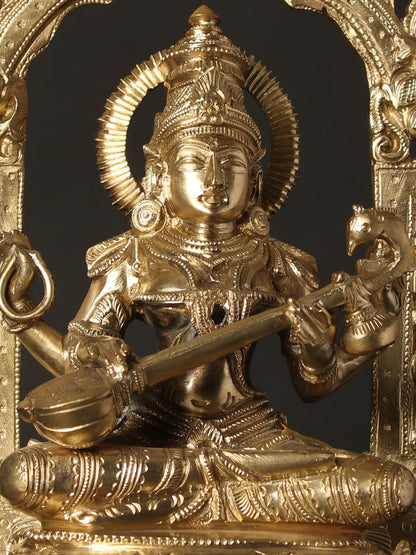 13" Devi Saraswati Seated On Kirtimukha Throne | Hoysala Bronze Statue