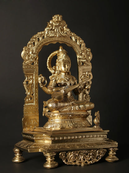 13" Devi Saraswati Seated On Kirtimukha Throne | Hoysala Bronze Statue