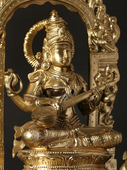 13" Devi Saraswati Seated On Kirtimukha Throne | Hoysala Bronze Statue