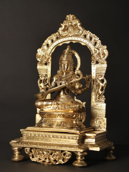 13" Devi Saraswati Seated On Kirtimukha Throne | Hoysala Bronze Statue