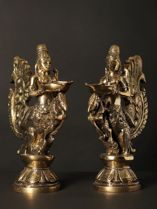 10" Pair Of Gandharvas Lamps In Brass | Bronze Lamp For Temple | Designer Lamp