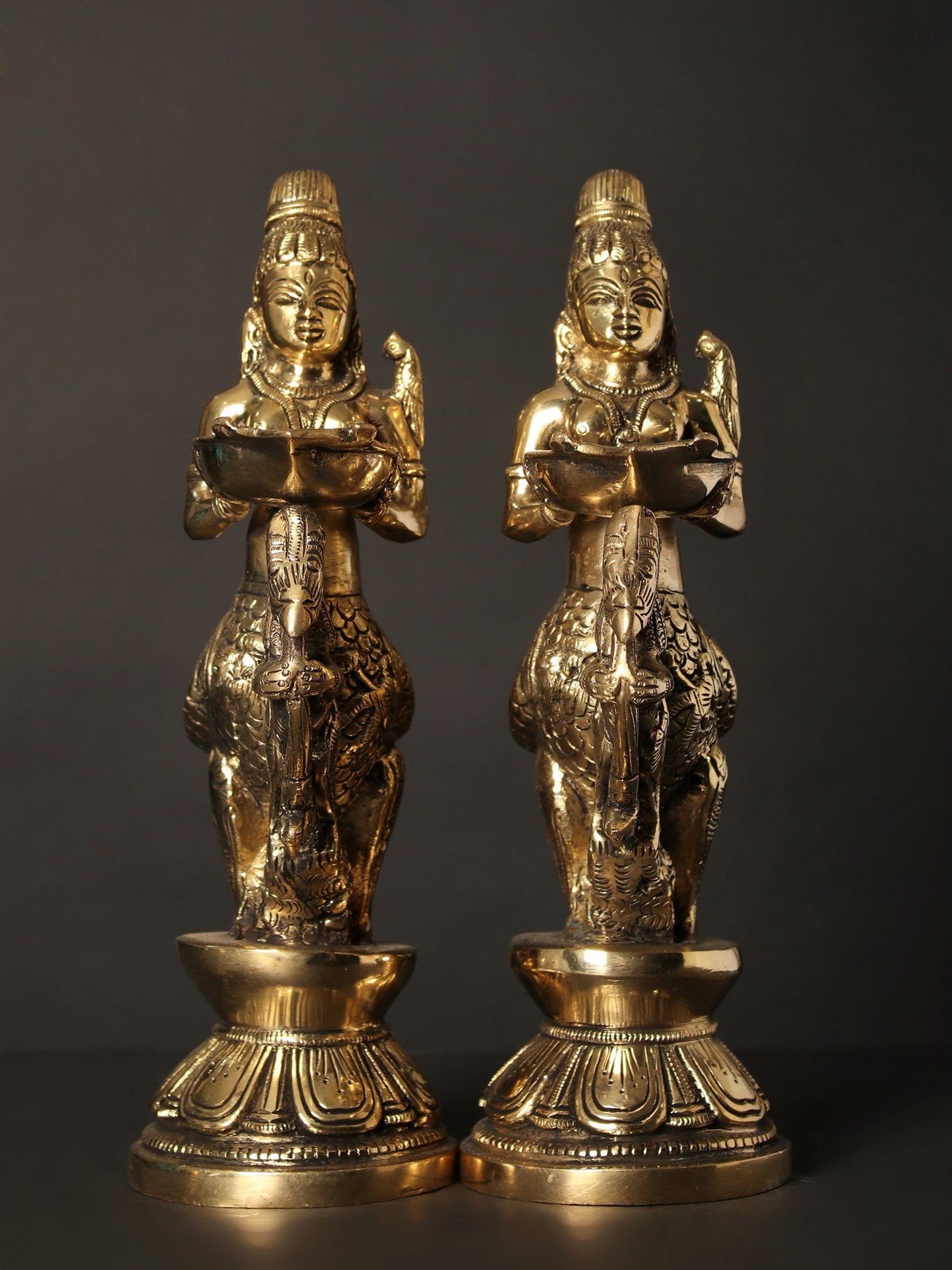 10" Pair Of Gandharvas Lamps In Brass | Bronze Lamp For Temple | Designer Lamp