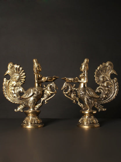 10" Pair Of Gandharvas Lamps In Brass | Bronze Lamp For Temple | Designer Lamp