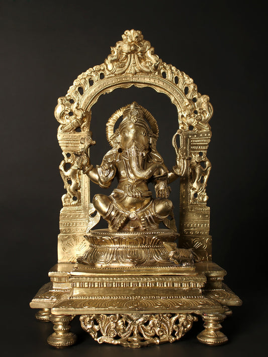 13" Chaturbhuja Lord Ganesha Seated on Kirtimukha Throne | Hoysala Bronze Statue