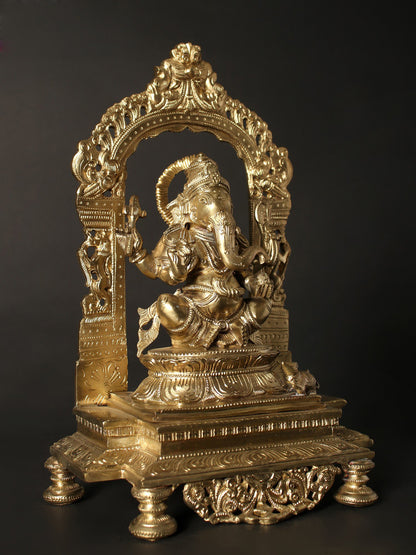 13" Chaturbhuja Lord Ganesha Seated on Kirtimukha Throne | Hoysala Bronze Statue