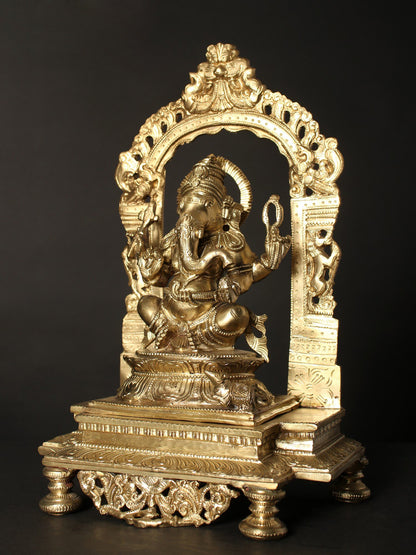 13" Chaturbhuja Lord Ganesha Seated on Kirtimukha Throne | Hoysala Bronze Statue