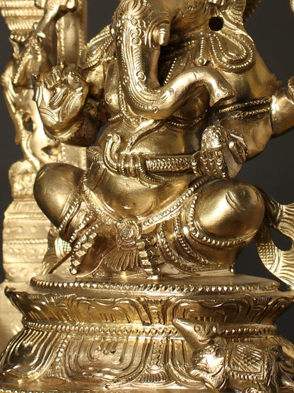 13" Chaturbhuja Lord Ganesha Seated on Kirtimukha Throne | Hoysala Bronze Statue